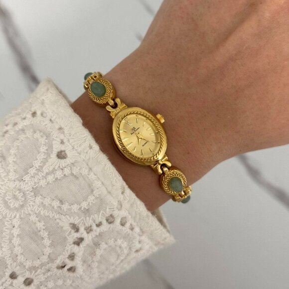 Sku0439 Retro Gold Green Gemstones Women‎ Casual Oval Watch Bracelet +gift bag